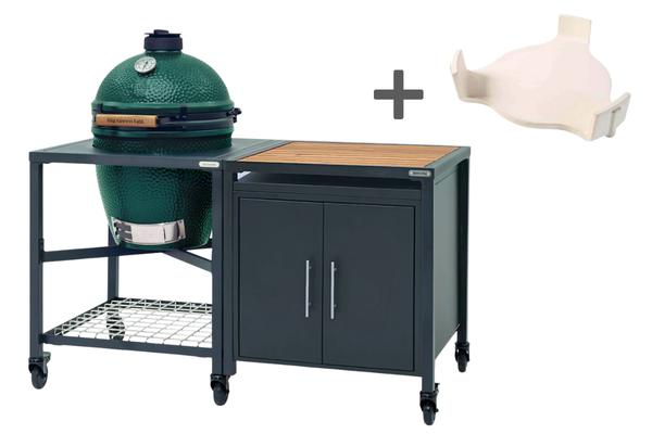 Pack barbecue kamado Large avec table modulaire + meuble placard avec plateau en acacia + convEGGtor + 6 roulettes - BIG GREEN EGG