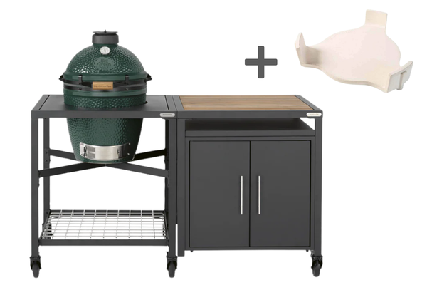 Pack barbecue kamado Medium avec table modulaire + meuble placard avec plateau acacia + convEGGtor + 6 roulettes - BIG GREEN EGG