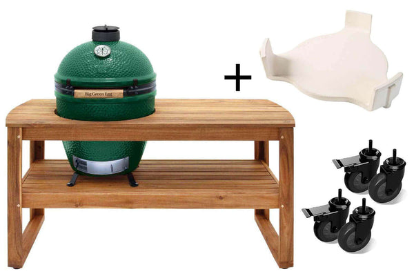 Pack Big Green Egg Large barbecue + table eucalyptus + convEGGtor + berceau de table + 4 roulettes